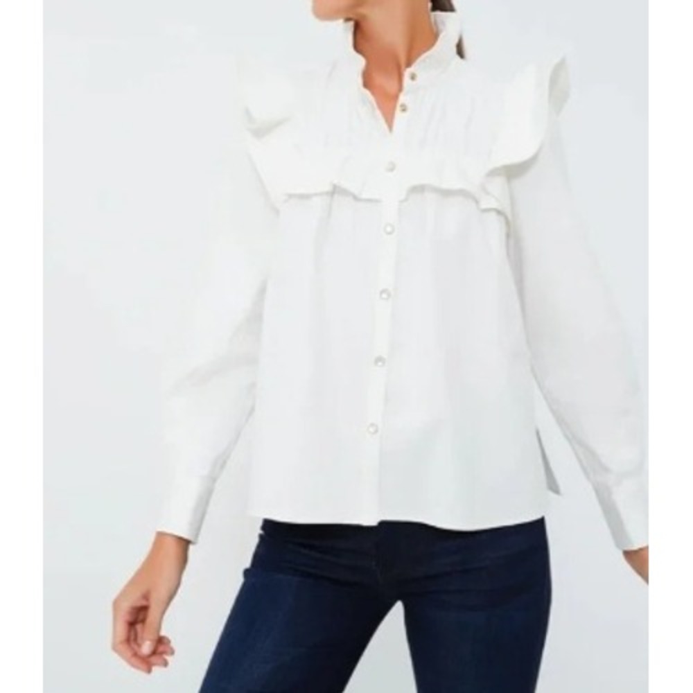 Tuckernuck Winnie Blouse Ruffle Shoulder Pearl Snap Size XXL  White Buttondown